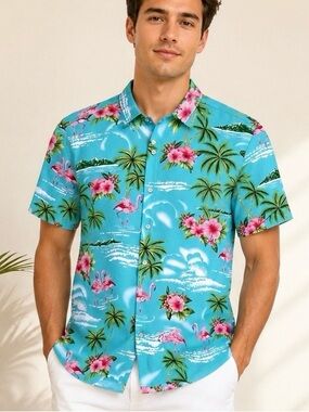 Simmashah Hawaiian Shirt Tropical Flamingo Floral Print Button Down Short Sleeve